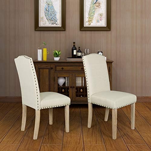 Dining Chairs Set of 2 Fabric Upholstered Lounge Chair Nailed Trim Leisure Padded Solid Wood Legs Kitchen & Dining Furniture