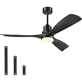 Forrovenco Ceiling Fan with Lights Remote Control, 52 Inch Black Ceiling Fans with 3 Downrods, 3 Blades, Timer, 6 Speed Modern Fan Quiet Reversible DC Motor for Patio Bedroom Outdoor/Indoor