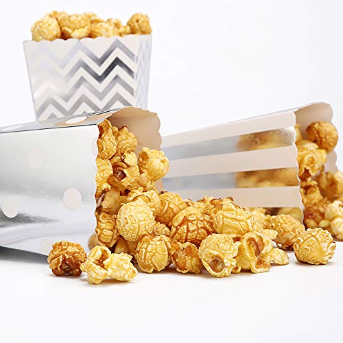 CLAIREBOX Popcorn Boxes Silver Stamping Trio Polka Dot, Chevron, and Striped Assorted Designs - Movie Theater Night, Festivals, Wedding Favors (30 Boxes)