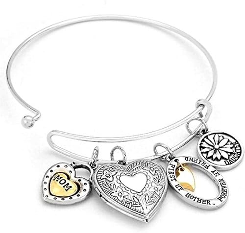 Mom Locket Bangle Bracelet Heart Charms Silver Tone