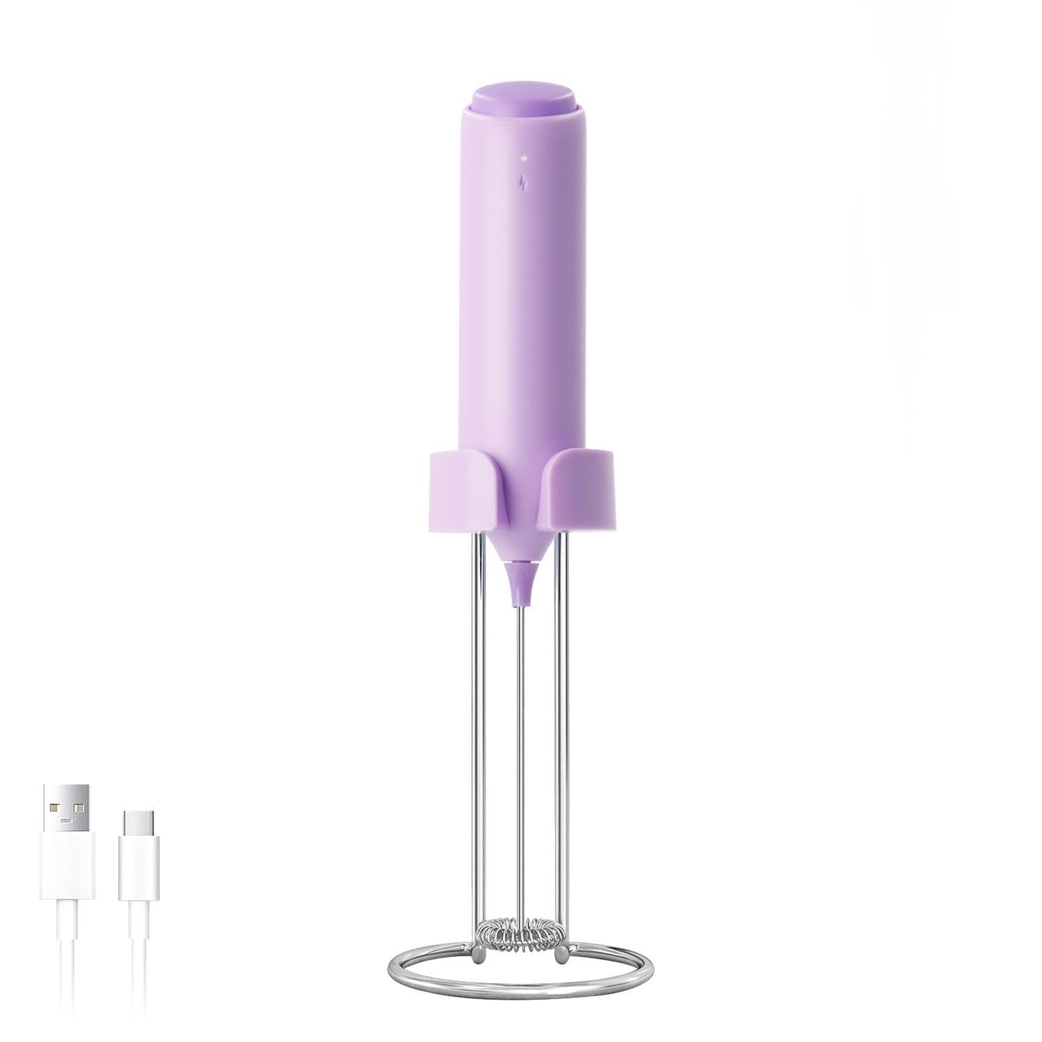 ELMWAY Rechargeable Milk Frother – Handheld Electric Whisk for Coffee, Latte & Matcha, Ergonomic Grip with Charging Stand or Wall Mount Holder – Purple