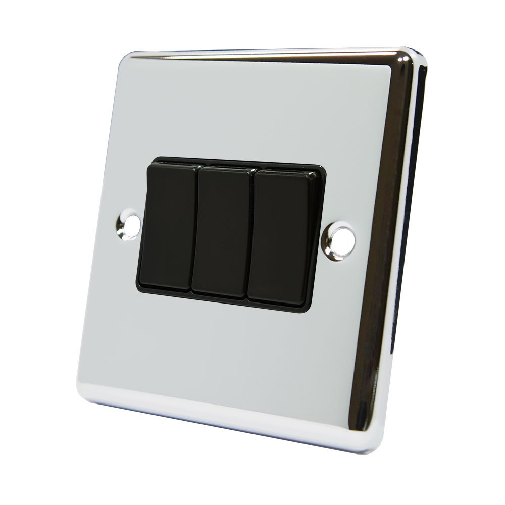 AET CPC3GSWIBL 10 A 3-Gang 2-Way Polished Chrome Classical Triple Light Switch with Black Insert Plastic Rocker Switches