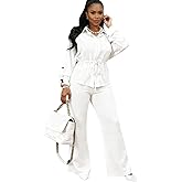 Ophestin 2 Piece Travel Outfits for Women Dressy Button Down Shirt Two Piece Wide Leg Pants Sets