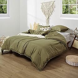 Smoofy Pom Fringe Comforter Set Queen Size Olive