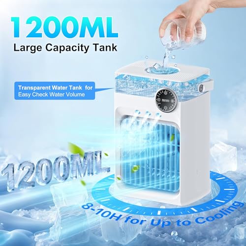 Portable Air Conditioners, Mini AC Unit Cooling Fan for Bedroom,1200ML Small Air Cooler Fans with Remote, 3 Mist,3 Speed,8 Light,2-8H Timer Personal AC Portable for Office Camping Car Desk(White)