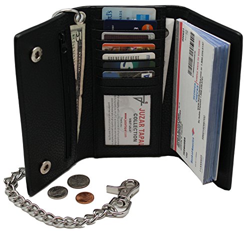 Men's Biker Black Leather Long Tri-fold Steel Chain Checkbook Wallet 312 Water Resistant