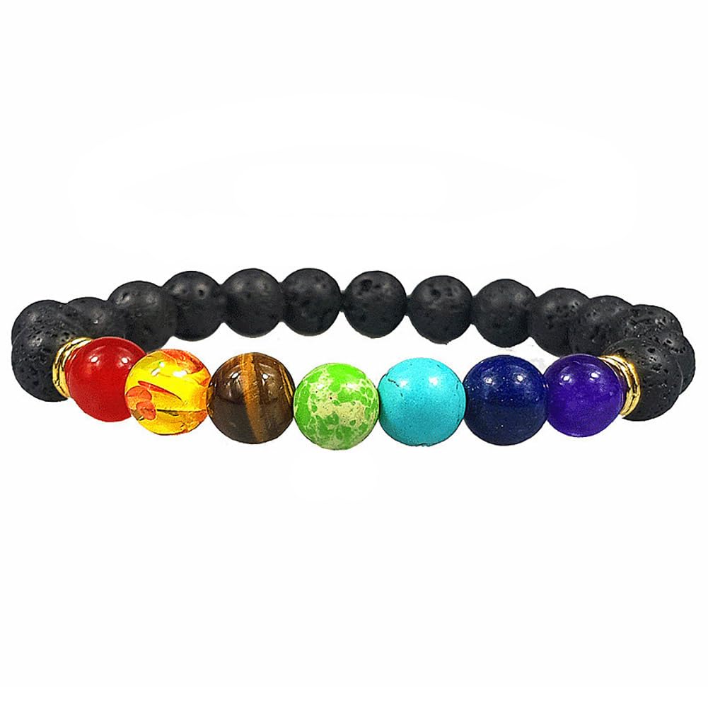 Clataly Colorful Energy Bracelet 8 mm Natural Volcano Stone Tiger Eye Stone Blue Pine Stone Elastic Bracelets for Women and Men (Volcanic rocks)