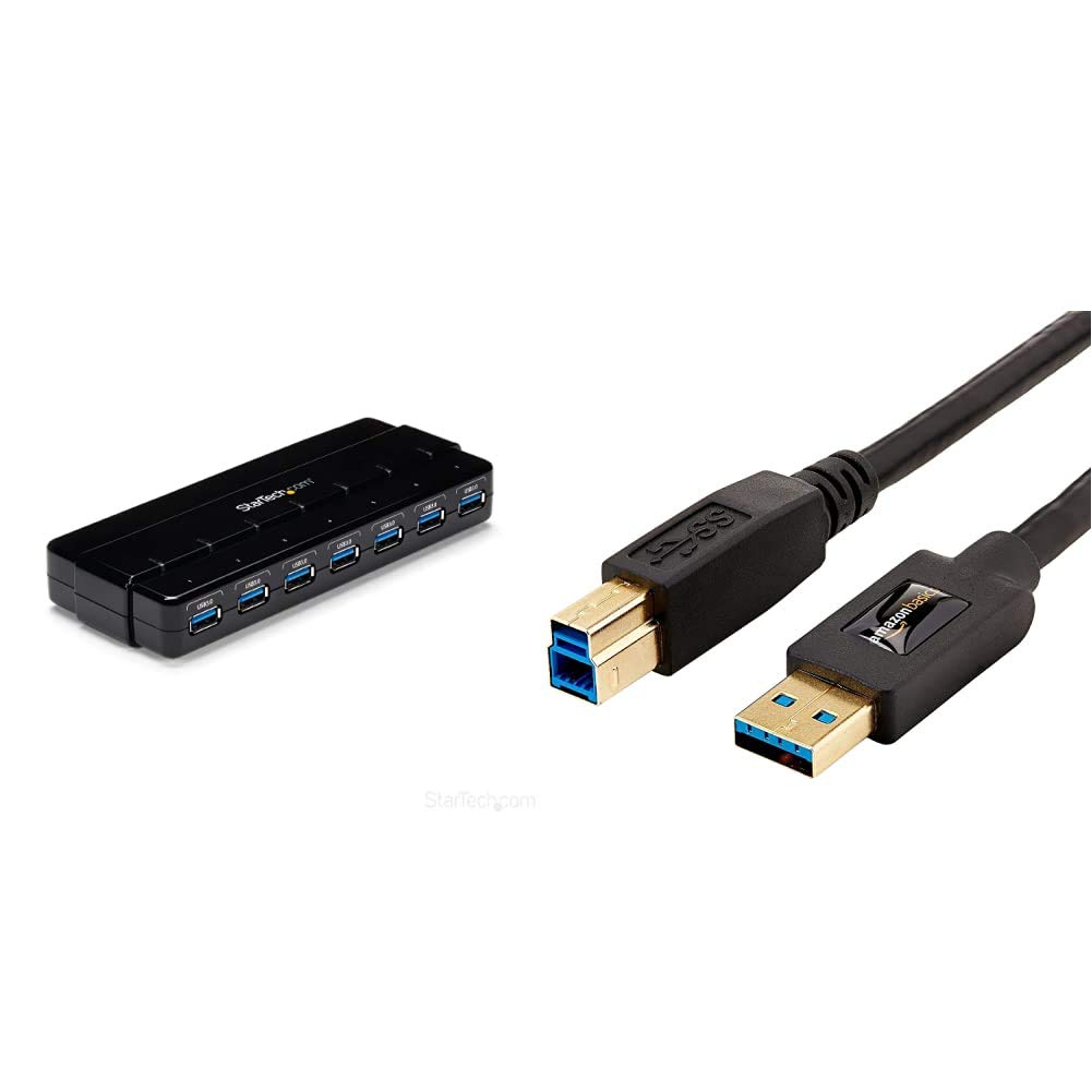 StarTech.com 7 Port USB 3.0 Hub – Up To 5 Gbps – 7 x USB – Universal Multi Port USB Extender for Your Desktop, Black & AmazonBasics USB 3.0 Cable - A-Male to B-Male Adapter Cord-6 Feet (1.8 Meters)