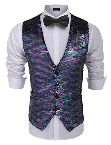 COOFANDY Men's Fashion Shiny Sequins Vests Halloween Christmas Slim Fit Stitching Vest(Blue, XL)