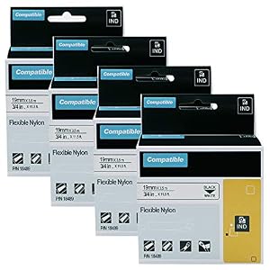 Image of 4-Pack Replacement DYMO 18489 3/4 inch Rhino Industrial Flexible Nylon Label Tapes for DYMO LabelWriter and Rhino 5200, 4200, 6000, 5000 Industrial Label Maker and More, Black on White, 3/4'&