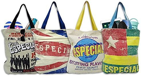 Especial Vintage Print Heavy Duty Reusable Cotton Shopping Tote Bags (4 Pack)
