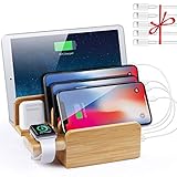 NEXGADGET 6 in 1 Bamboo Charging Station for Multiple Devices,6 Port 40W USB Desktop Charger,Fast USB Charging Station Organizer for Cellphone,Smart Watch,Tablets and Other USB Devices(5 Pack Cables)