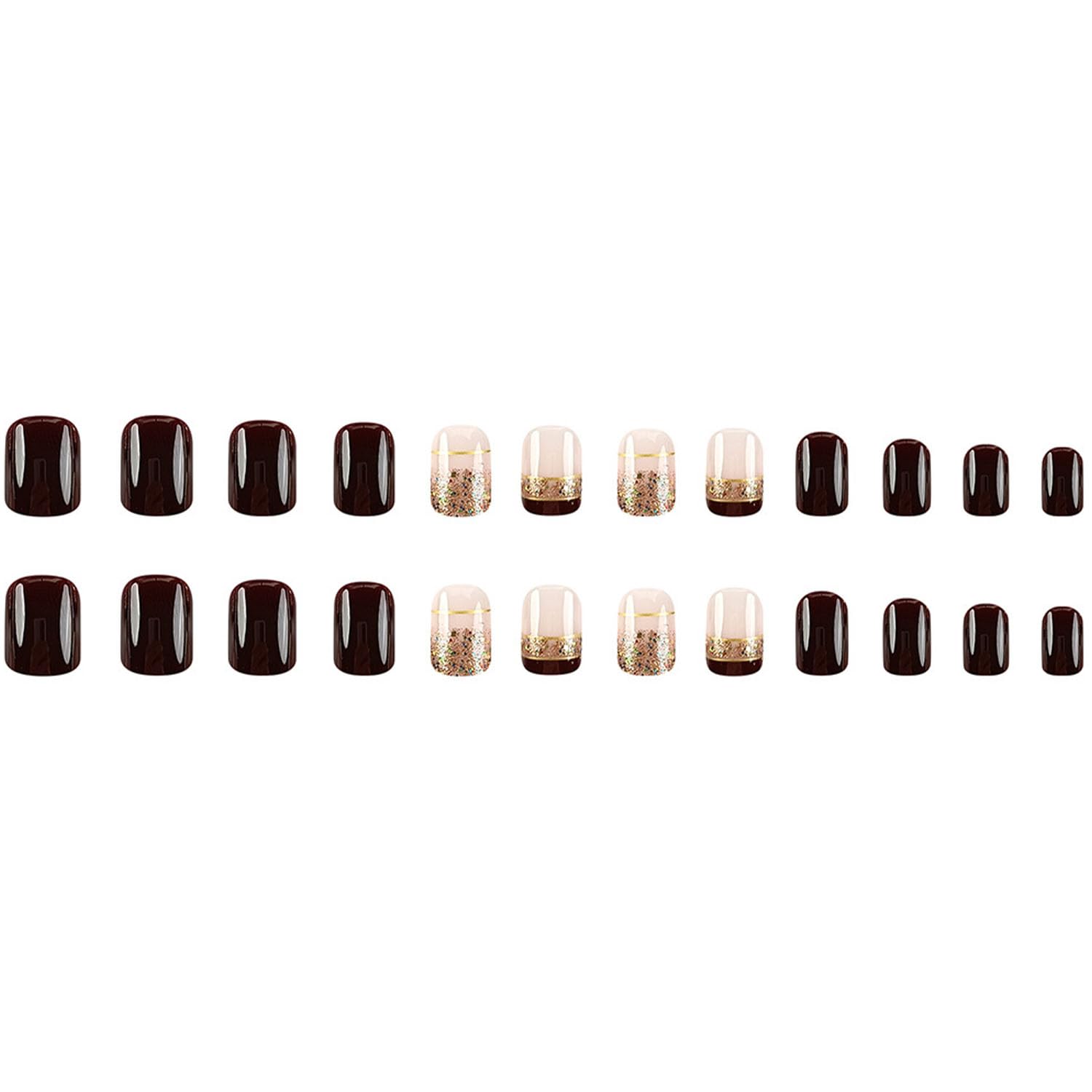 French Tip Press on Nails Short Brown Fake Nails Gold Glitter Acrylic Nails Square Glue on Nails Glossy Full Cover Artificial False Nails Gold Foil Stick on Nails for Women 24 Pcs - Image 3