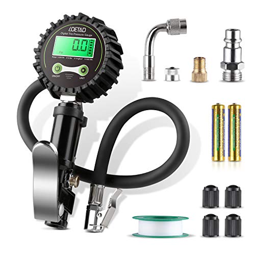 LOETAD Manometro Pressione Gomme Professionale, Manometro Digitale, Pistola Gonfiaggio Pneumatici 200 PSI Alta Precisione con Luce a LED e Schermo LCD per Auto, SUV, Camion, Moto e Biciclette