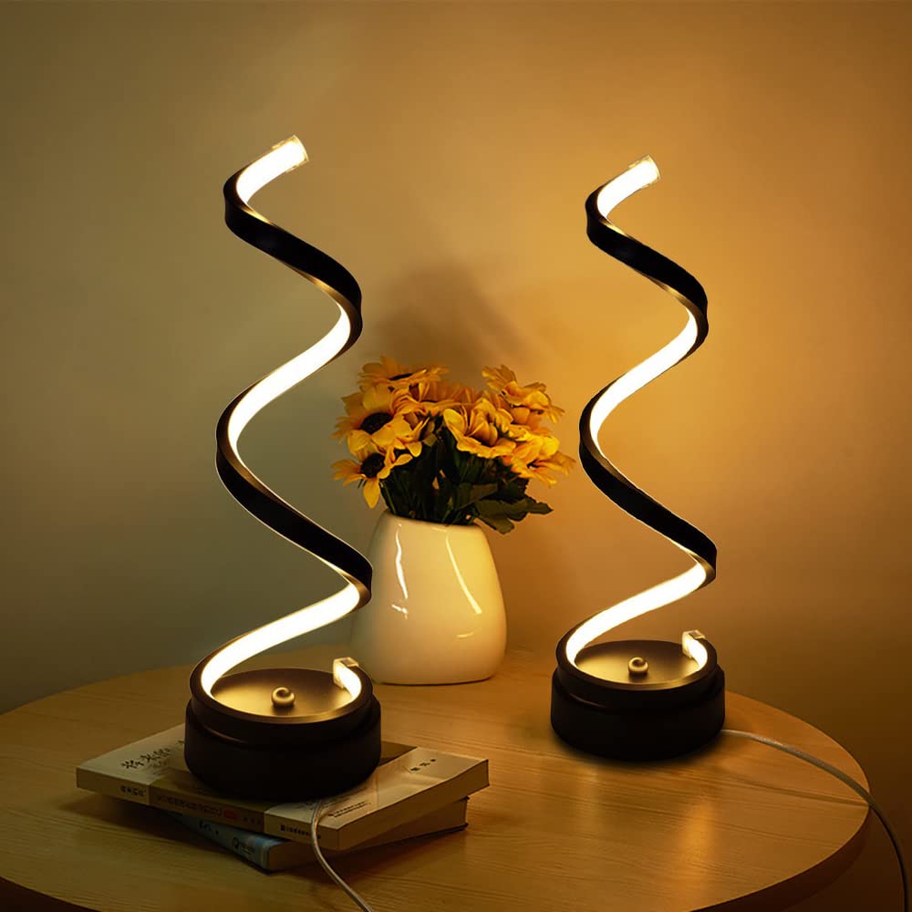 Set of 2 Modern Spiral LED Table Lamps,ELINKUME Warm White Bedroom Bedside Lamp,Stepless Dimmable,Living Room Minimalist Decorative Lighting 12W,Reading Desk Light for Office and Study,Black — image 1