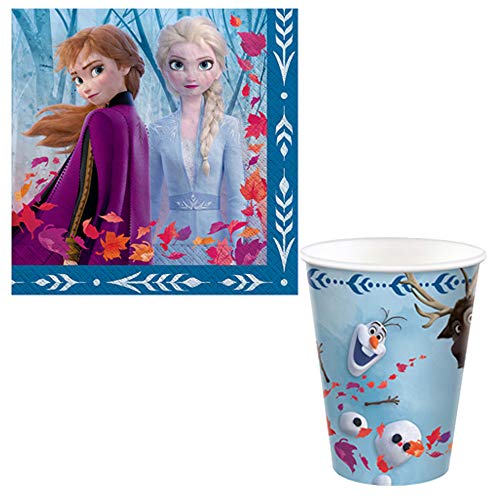 Mega Frozen 2 Birthday Party Supplies and Decoration Pack For 16 With Frozen 2 Dinner and Dessert Plates, Napkins, Cups, Tablecover, String Deco, Table Decoration Kit, Candle, Leaves, and Frozen Pin
