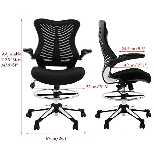 Homevol Ergonomic Swivel Drafting Chair, Height Adjustable Breathable Mesh Back with Steel Footring, Flip-up Padded Armrest Wheel Fabric Lumbar Support Seat - Thumbnail 4