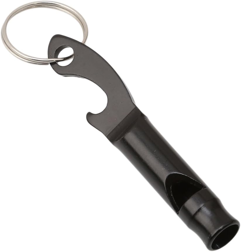 UINKE 2 in 1 Multifunction Emergency Hiking Camping Survival Aluminum Whistle Keychain Bottle Opener Key Ring,Black