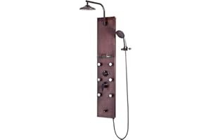 PULSE ShowerSpas 1041 Sedona ShowerSpa Panel with 8" Rain Showerhead, 6 Body Spray Jets, 5-Function Hand Shower, Glass Shelf, Tub Spout, Hammered Copper with Oil-Rubbed Bronze Fixtures