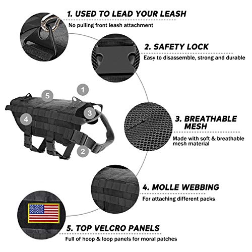EJG Tactical Dog Molle Harness, with 3 Detachable Pouches & Velcro Area, No Pulling Design, Comfy Mesh Padding, Service Dog, Military Training, Hunting, Vest for Medium & Large Dog