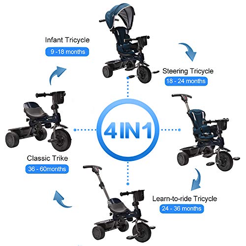 ChromeWheels 4-in-1 Kids' Trike & Stroller, Adjustable Height Push Ride Tricycle for 9 Months - 5 Year Old, Blue