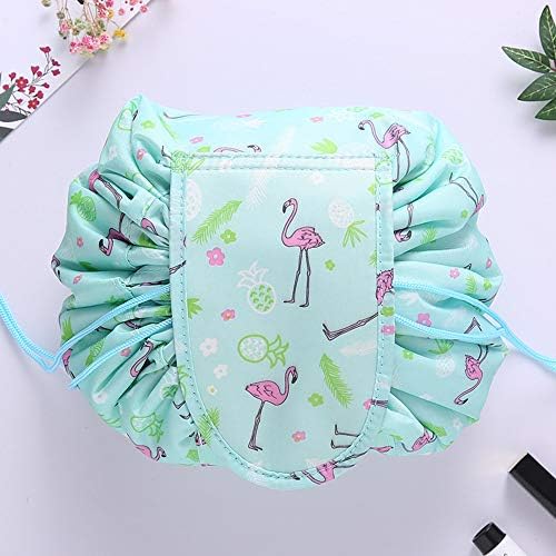 Fashion Drawstring Cosmetic Bag Travel Lazy Makeup Storage Bag Portable&Waterproof Quick Pack Large Cosmetic Bag Dual Magic Bags With Zipper&Drawstrings Brush Holder Carry On Travel (Green Flamingos)