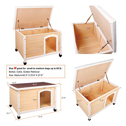 HiCaptain Waterproof Solid Cedar Pet House Deluxe Dog Kennel Universal Fits for Small Medium Large Animals (M:40.5 x 25.6 x 27.6 Inch, Natural)