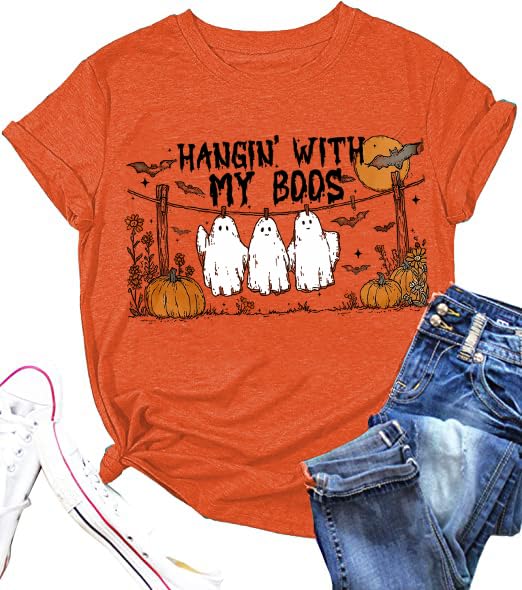 Halloween Shirts for Women Hang with My Boos Cute Ghost Graphic Tee Casual 1692 Witch Season Fall Tops(WSJ01OE,Medium) at Amazon