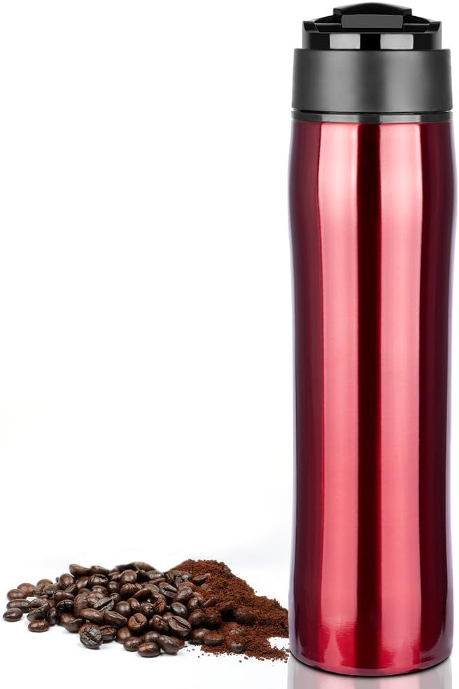 VENTUCI - Portable French Press Coffee Travel Mug with Filter, Stainless Steel Double Walled Vacuum Insulation Coffee/Tea Maker Bottle,350ML (Red)