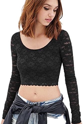 Womens Lo Shi Boat Neck Full Lace Raglan Long Sleeve Shirt Top (L, Black)