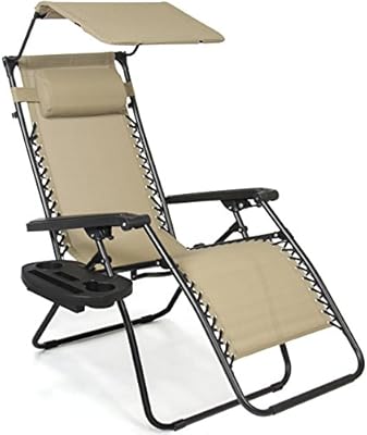 Amazon Com Best Choice Products Folding Steel Mesh Zero Gravity Recliner Lounge Chair W Adjustable Canopy Shade And Cup Holder Accessory Tray Beige Garden Outdoor