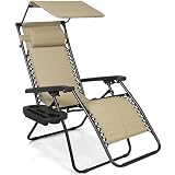 Best Choice Products Folding Zero Gravity Recliner Lounge Chair w/ Adjustable Canopy Shade, Cup Holder Accessory Tray, Headrest Pillow - Beige