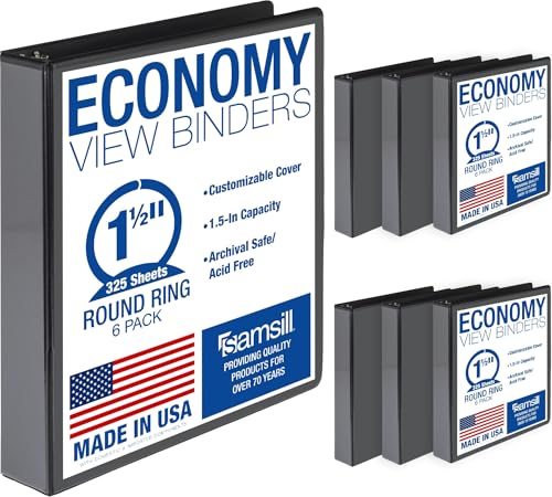 Samsill Pasta econômica de 3 anéis, feita nos EUA, fichário de anel redondo, capa transparente personalizável, preto, pacote com 6 (I68550)