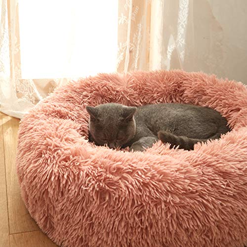 Uozzi Bedding Plush Faux Fur Round Pet Dog Bed, Comfortable Fuzzy Donut Cuddler Cushion for Dogs & Cats, Soft Shaggy and Warm for Winter (Pink, 23.6â€)