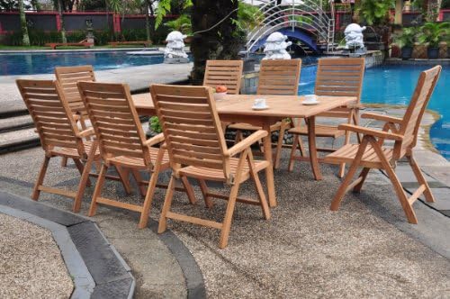WholesaleTeakNew 9 Pc Luxurious Grade-A Teak Dining Set - 94" Rectangle Table and 8 Ashley Reclining Arm Chairs #WHDSASf