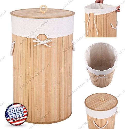 ZaZaTool Round Bamboo Hamper Laundry Basket Washing Cloth Storage Bag Lid Natural - Thumbnail 7