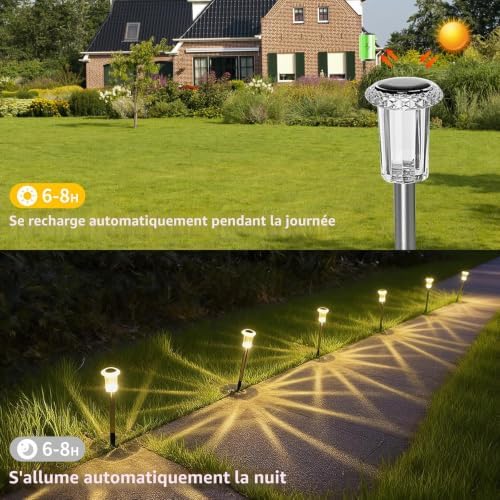 Lampes solaires de jardin LED, lot de 6 lampes solaires blanc chaud, étanches IP44, pour pelouse, jardin et terrasse. Idéales pour l'extérieur.