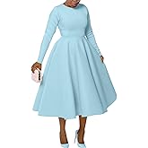 LAJIOJIO Women's Vintage Cocktail Dresses,Elegant Round Neck Long Sleeve Church Evening Dress with Pockets