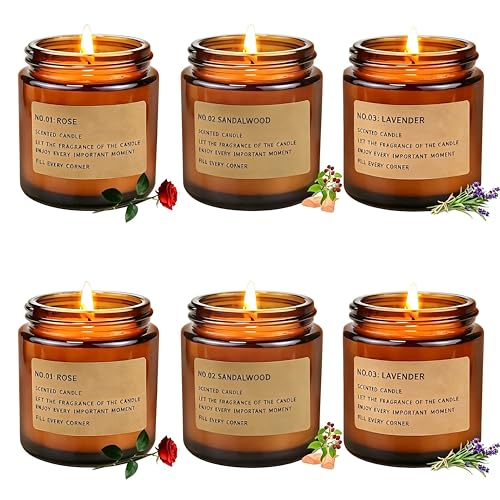 Ricihene Scented Candles Set, 6 Pack Glass Container Candles Set, Lavender/Rose/Sandalwood Scents for Aromatherapy Candles, Long-Burning, Home Decoration & Gift Set