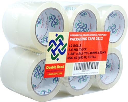 Double Bond Commercial Grade Packing Tape, 1.88"x 54.6 Yds (48mm x 50m), Clear (12 Rolls, 2.6 Mil Thick)