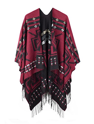 Fringe Fleece Shoulder Wrap Batwing Blanket Sweater Cape Shawl DarkRed