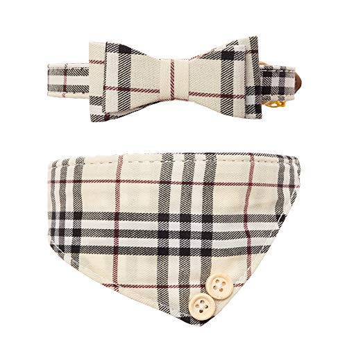 CHERPET Bow Tie Dog Collar and Leash Set Cute Plaid, Plaid, Size