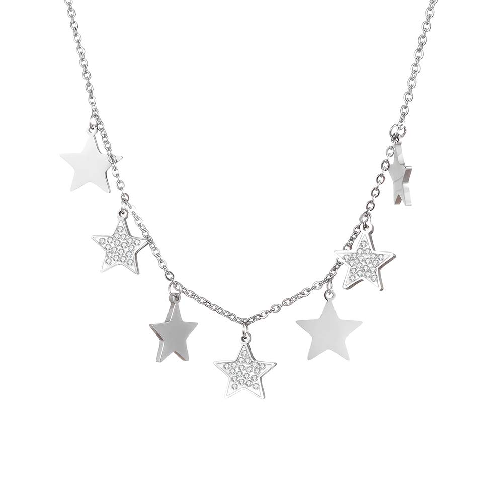 Stainless Steel Adjustable Necklace for Women Star Pendant Choker Bright Crystal Charm Jewelry Birthday Gift for Friends