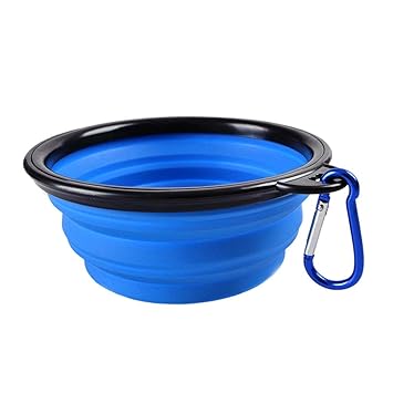 FDSHIP Collapsible Silicone Dog Bowl, Foldable Expandable Cup Dish for Pet Cat Food Water Feeding, Portable Travel Bowl with a Free Hook - Blue