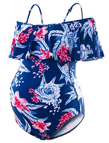 Maternity Bikinis Tankini Floral Flouncing Swimsuit One Piece Beachwear Blue with White Flower L
