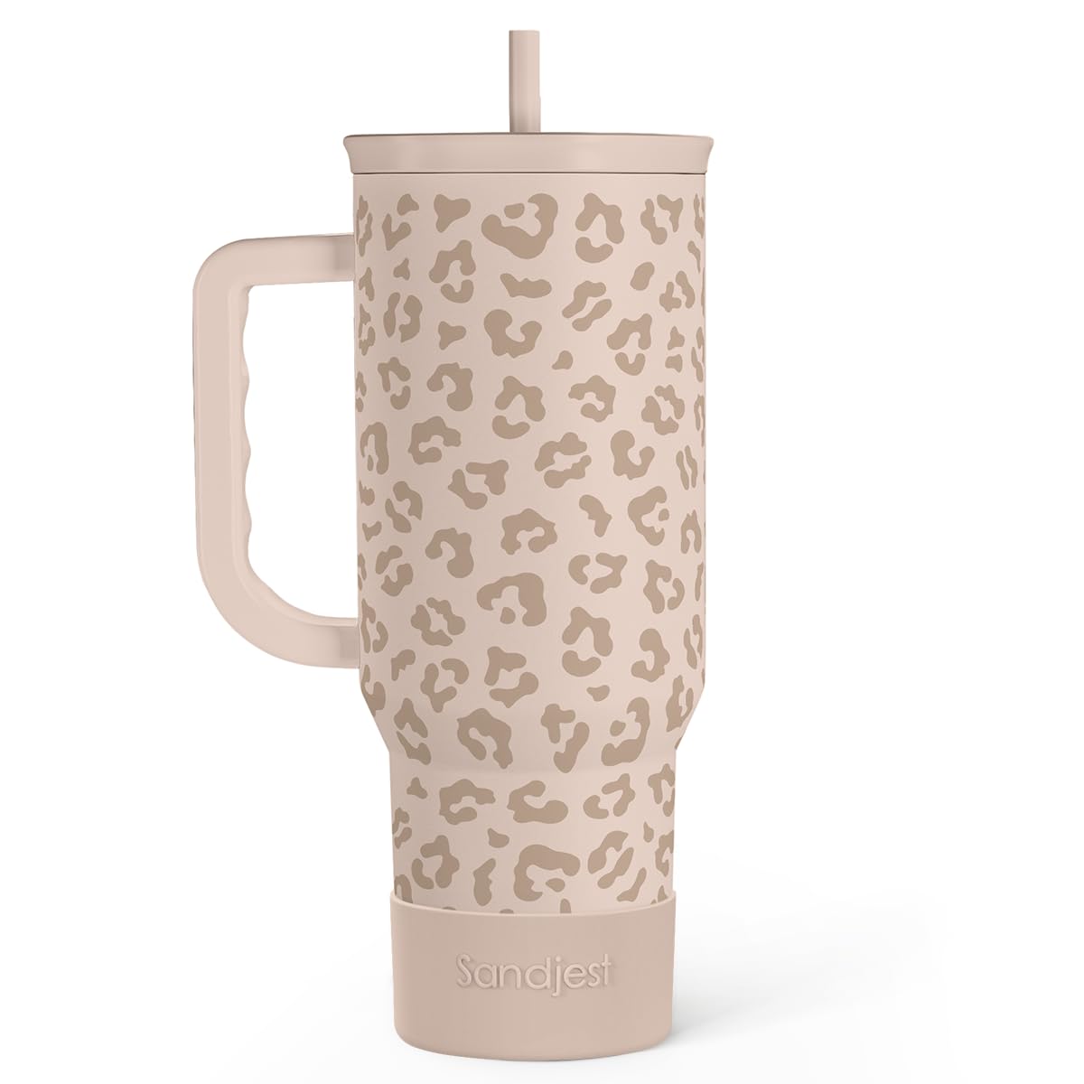 SANDJEST Leopard Tumbler with Handle, Insulated Cup Stainless Steel Travel Mug Cup, Gifts for Women Girl on Birthday Christmas, Tan Leopard, 40oz Image