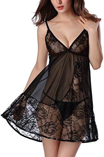 OnlyFuns Women Sexy Lace Lingerie Miniskirt Babydoll Teddy Patchwork Nightwear Set Black L