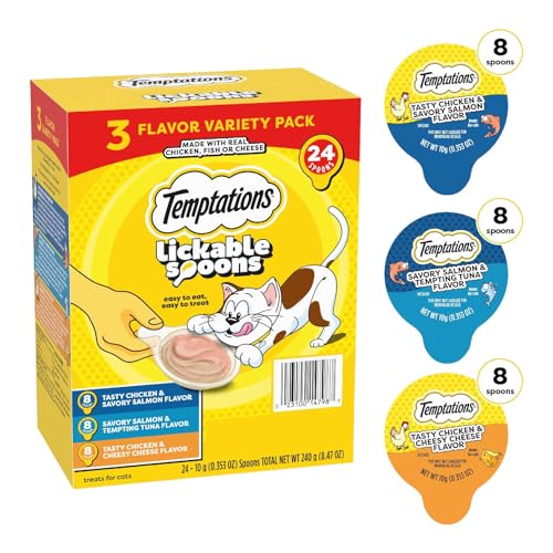 TEMPTATIONS LICKABLE SPOONS ADULT WET CAT TREAT, 10 GRAMS, VARIETY PACK OF 24