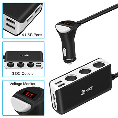 Te-Rich 3-Socket Cigarette Lighter Power Adapter DC Outlet Splitter Extender 6.8A 4 Port USB Car Charger for Cell Phones, Dash Cam, GPS and More