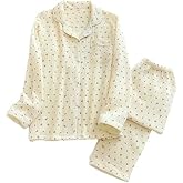 pagepx Womens Cotton Gauze Pajama Set Long Sleeve Button Down Top & Pants, 2 Piece Breathable Cute Print Loungewear